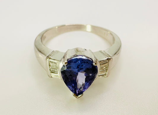 1.69 Carat, 0.20 Ct Pear Shaped Tanzanite and Diamond Ring - WGI Certificate £3000