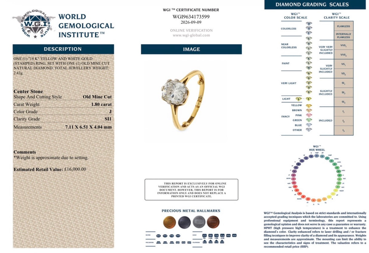 1.8Ct Natural Old Mine Cut Diamond Ring - 18k Gold - RRP £16,000