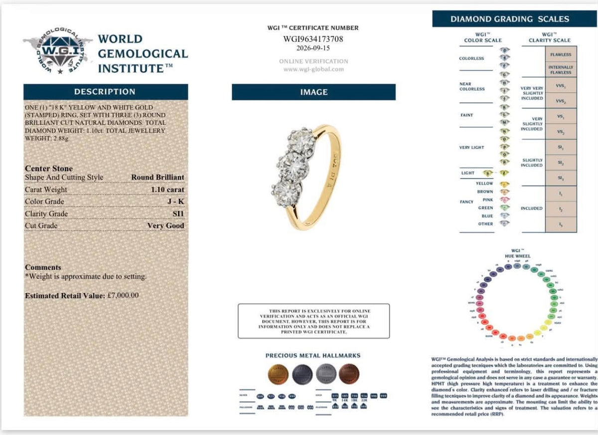 1.05 Ct Natural Diamond Trilogy Ring 18K Gold - RRP £7,000