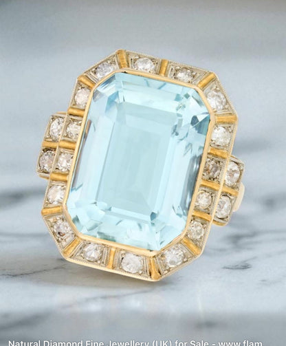 Art Deco 10.00ct Aquamarine & Diamond Ring - Flamingo Gems