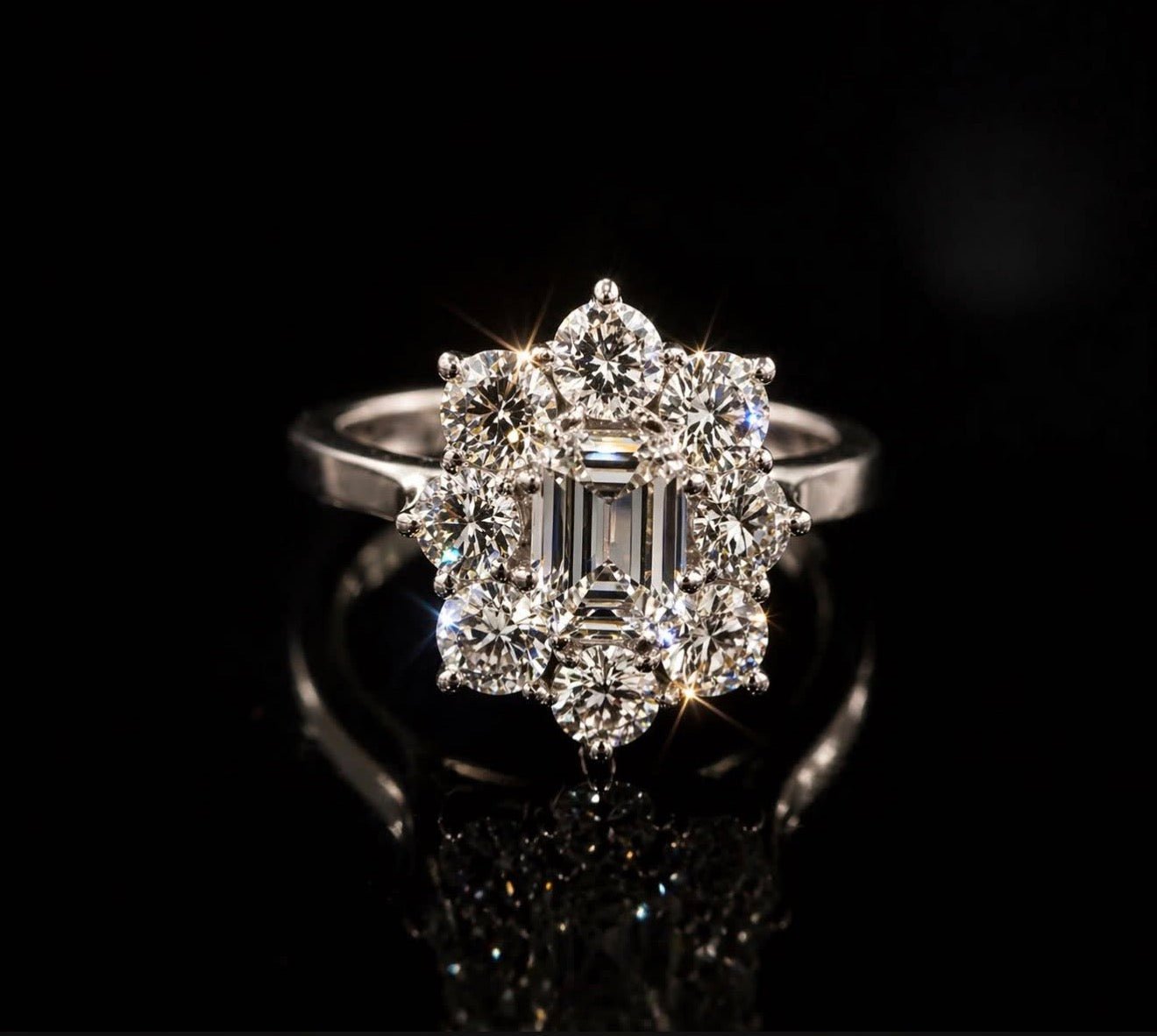 Diamond Emerald Cut Cluster Ring – 1.00ct Centre + 1.50ct Side Diamonds in 18ct White Gold - RRP £12,000 - Flamingo Gems
