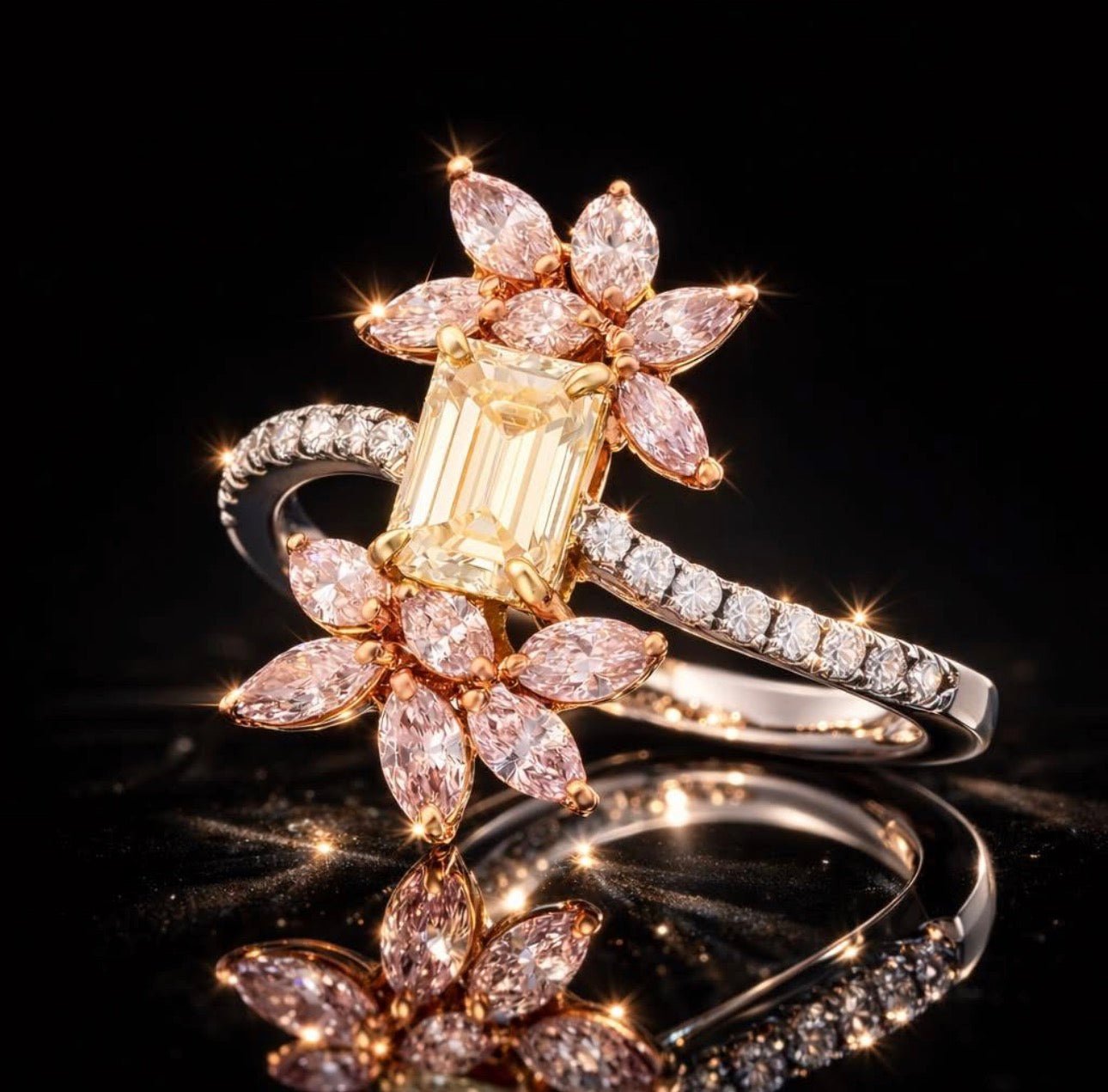 Fancy Natural Yellow and Pink Diamond Blossom Ring - 18K Gold - 1.58 Ct - RRP £10,000 - Flamingo Gems
