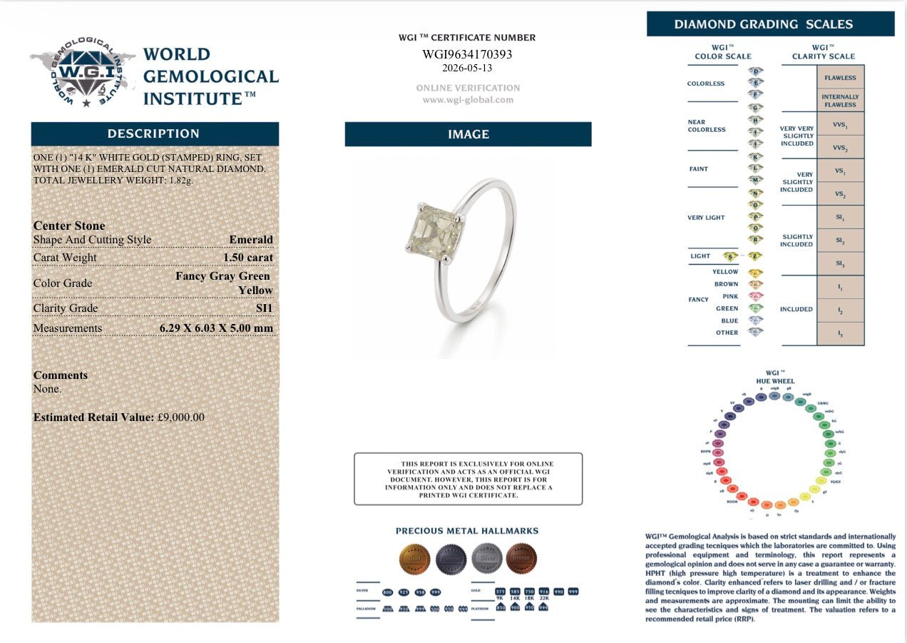 IGI & WGI Certified • Natural Fancy Gray Green Yellow Diamond Ring• 1.50 Carat, SI1 - 14K White Gold - RRP £9k - Flamingo Gems