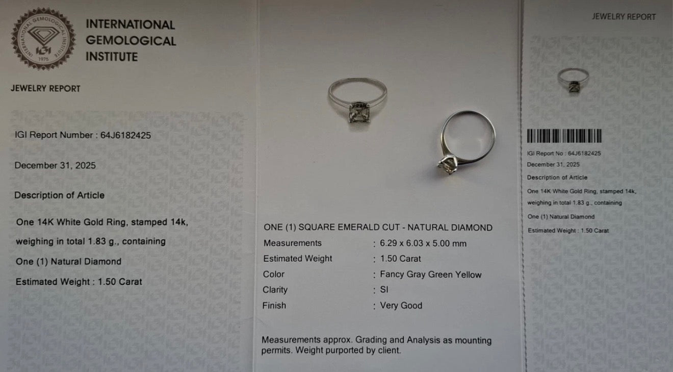 IGI & WGI Certified • Natural Fancy Gray Green Yellow Diamond Ring• 1.50 Carat, SI1 - 14K White Gold - RRP £9k - Flamingo Gems