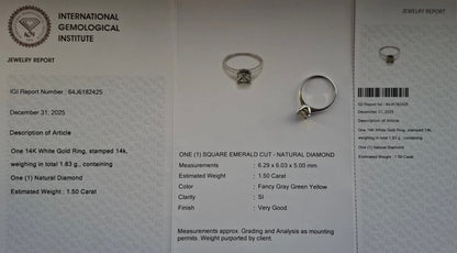 IGI & WGI Certified • Natural Fancy Gray Green Yellow Diamond Ring• 1.50 Carat, SI1 - 14K White Gold - RRP £9k - Flamingo Gems
