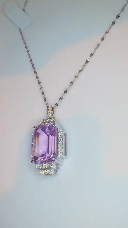 12.78ct Natural Kunzite & Diamond Art Deco Pendant - Platinum RRP £8,100