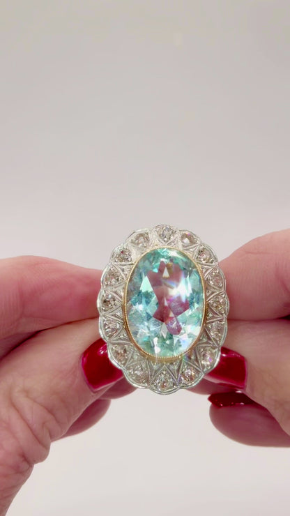12.00CT NATURAL AQUAMARINE & 1.60 CT OLD CUT DIAMOND COCKTAIL RING – 14K Gold and Platinum - RRP £12,500