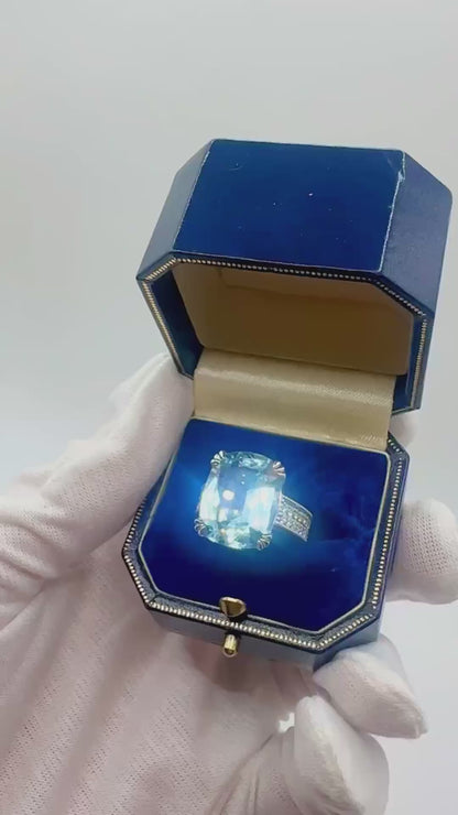 9.70 Ct Aquamarine and 0.70 Ct Natural Diamond Cocktail Ring, Platinum - WGI Certificate £13,500