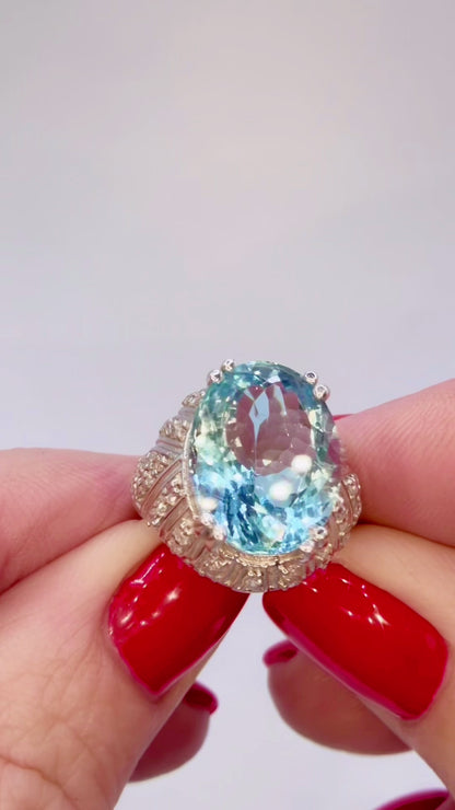7.50Ct Natural Aquamarine & 0.30 Ct Diamond Statement Ring - 18K White Gold - RRP £10,500
