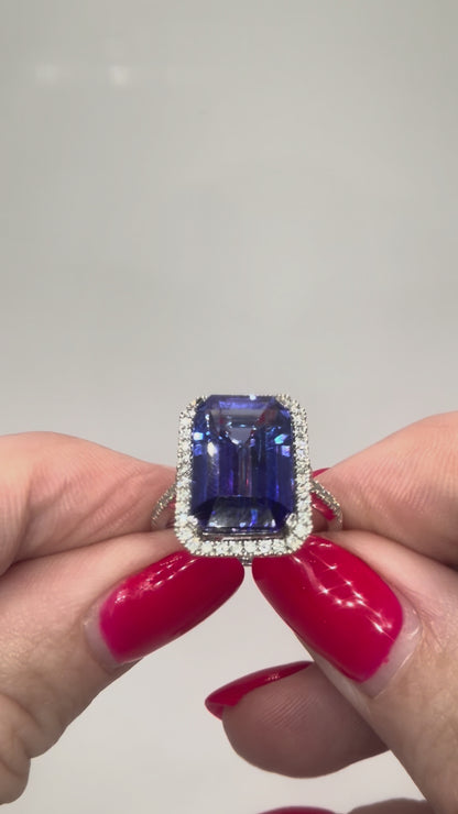 18ct White Gold 9.00 Ct Natural Tanzanite & 0.5 Ct Diamond Halo Ring - RRP £14,000