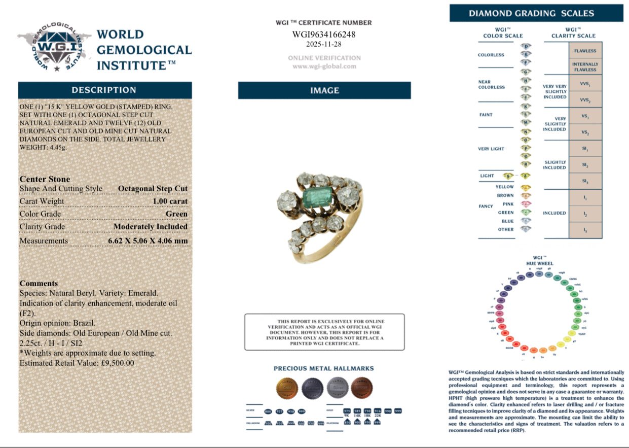 👑 “Queen Victoria” — 1.00ct Emerald • 2.25ct Old Cut Diamonds • 15ct Gold — The Emerald Empress of the Victorian Era 💚✨ - 15 Ct Gold - WGI Valuation £9,500 - Flamingo Gems
