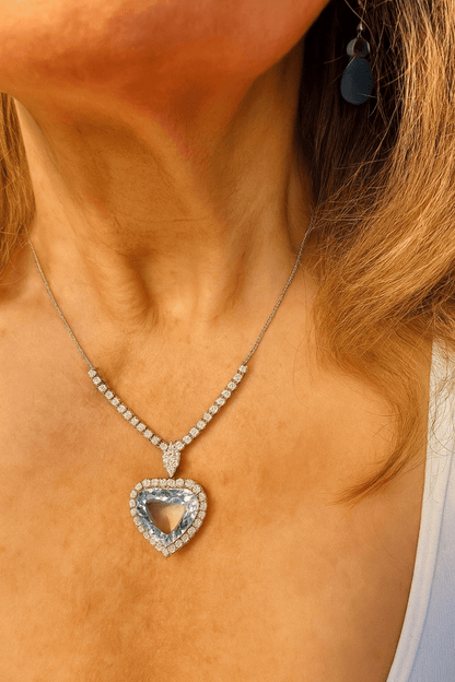 REDUCED - 19.45 Ct Aquamarine and 3.85 Ct Natural Diamond Necklace - Platinum - WGI Certificate/Valuation £37,800 - Flamingo Gems