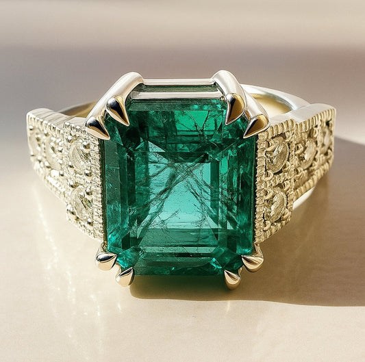 Reduced - 4.45 Carat Zambian Emerald and 0.40 Carat Natural Diamond Ring - Platinum - WGI Certificate £12,500 - Flamingo Gems