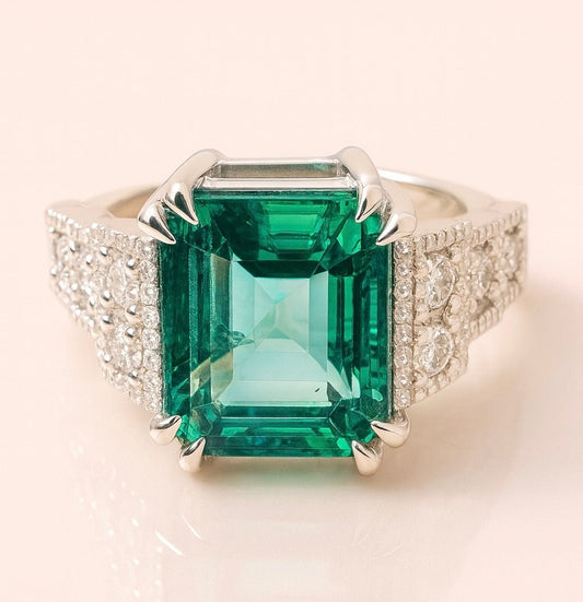 Reduced - 4.45 Carat Zambian Emerald and 0.40 Carat Natural Diamond Ring - Platinum - WGI Certificate £12,500 - Flamingo Gems