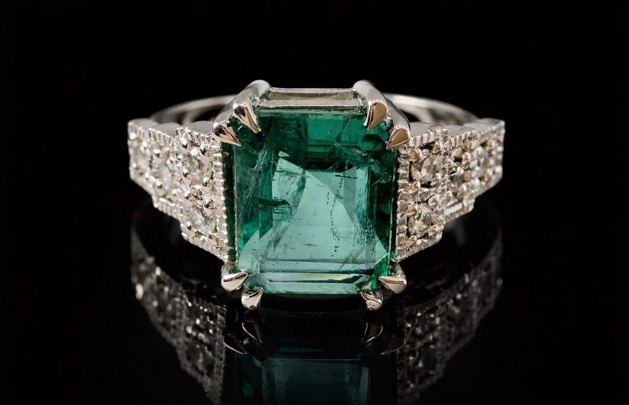 Reduced - 4.45 Carat Zambian Emerald and 0.40 Carat Natural Diamond Ring - Platinum - WGI Certificate £12,500 - Flamingo Gems