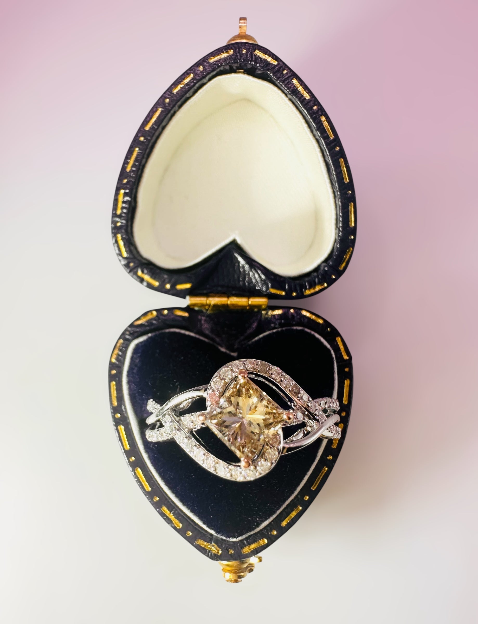 XMAS SALE - 1.39 Carat Champagne and Colourless Diamond Ring, 14 Carat White and Rose Gold - WGI Valuation £3450 - Flamingo Gems